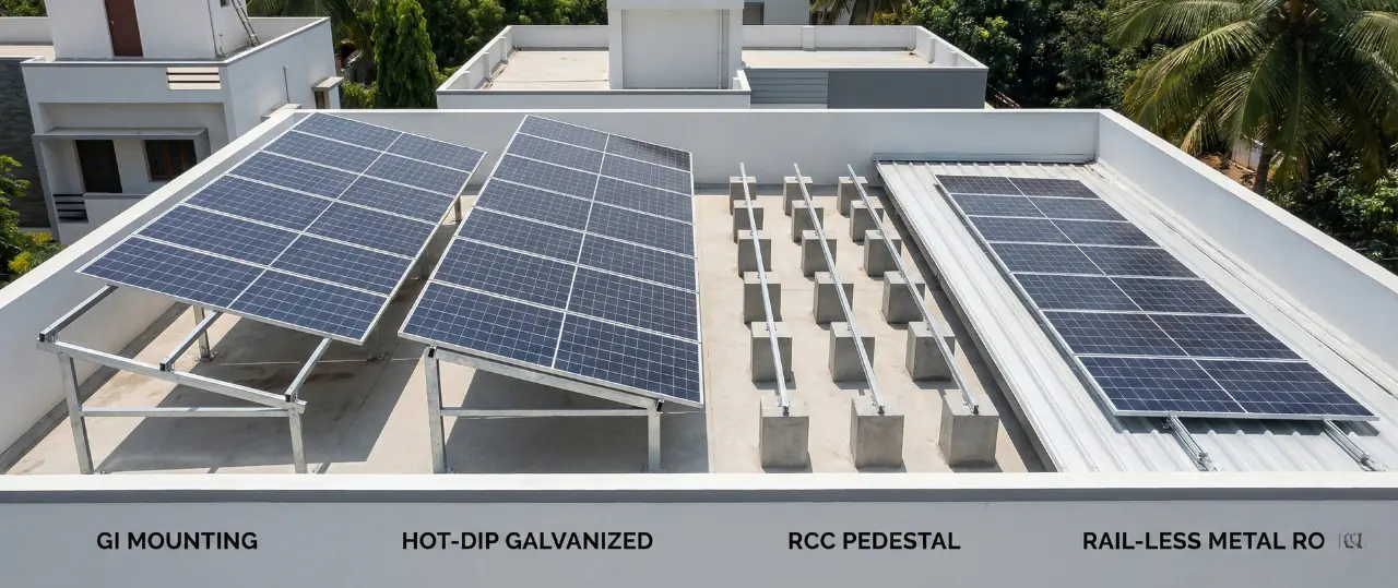 Rooftop Solar Structure Types (2025): GI, Hot-Dip, RCC, Rail-Less — Which Is Best for Your Home?